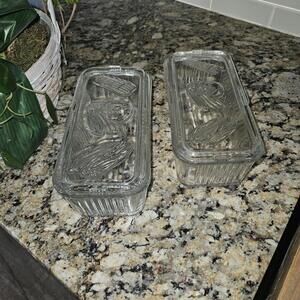 Refrigerator Dishes Antique Federal Glass Ribbed Sides Vegetable Etched Lids Set